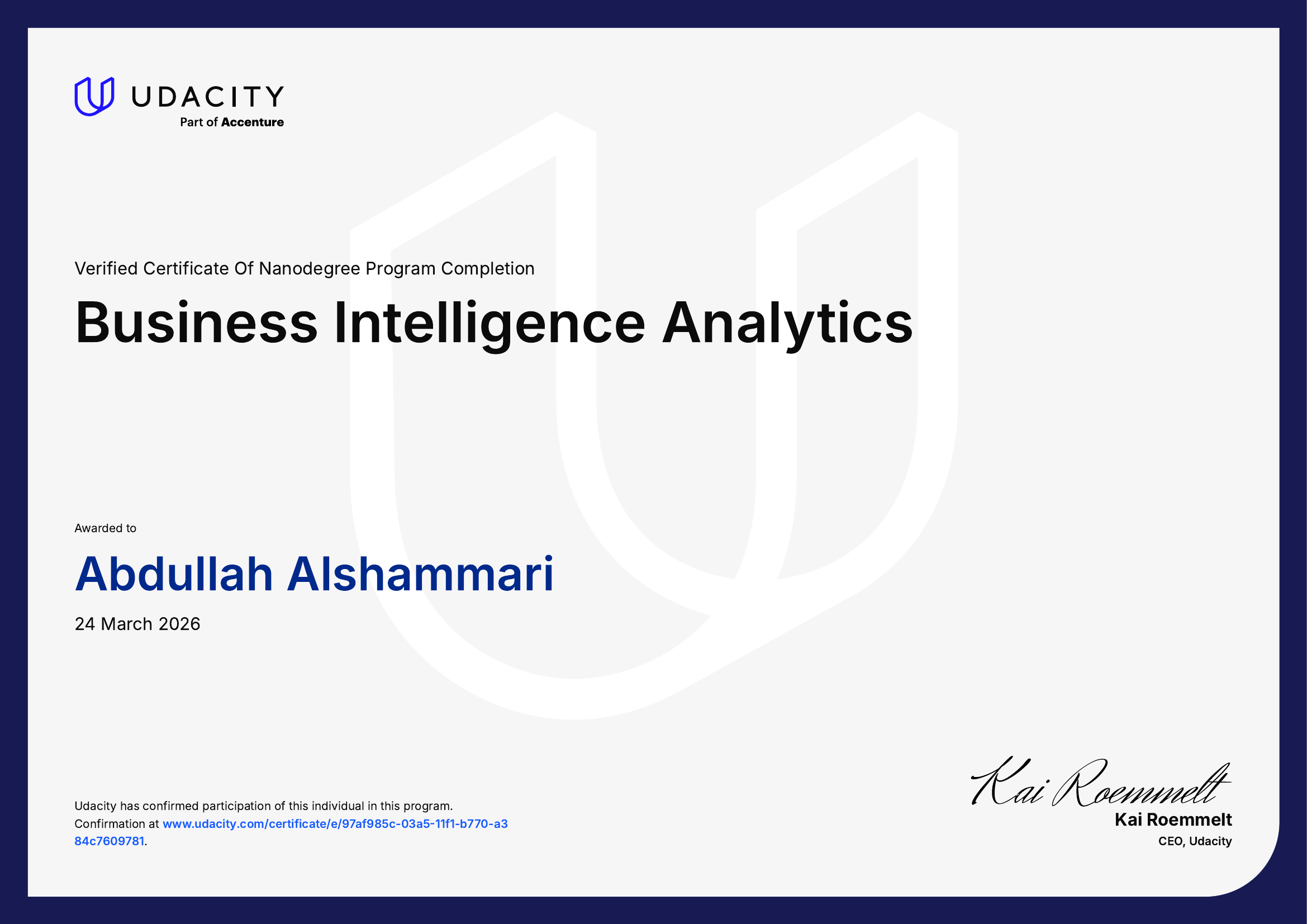 Business Intelligence Analytics certificate