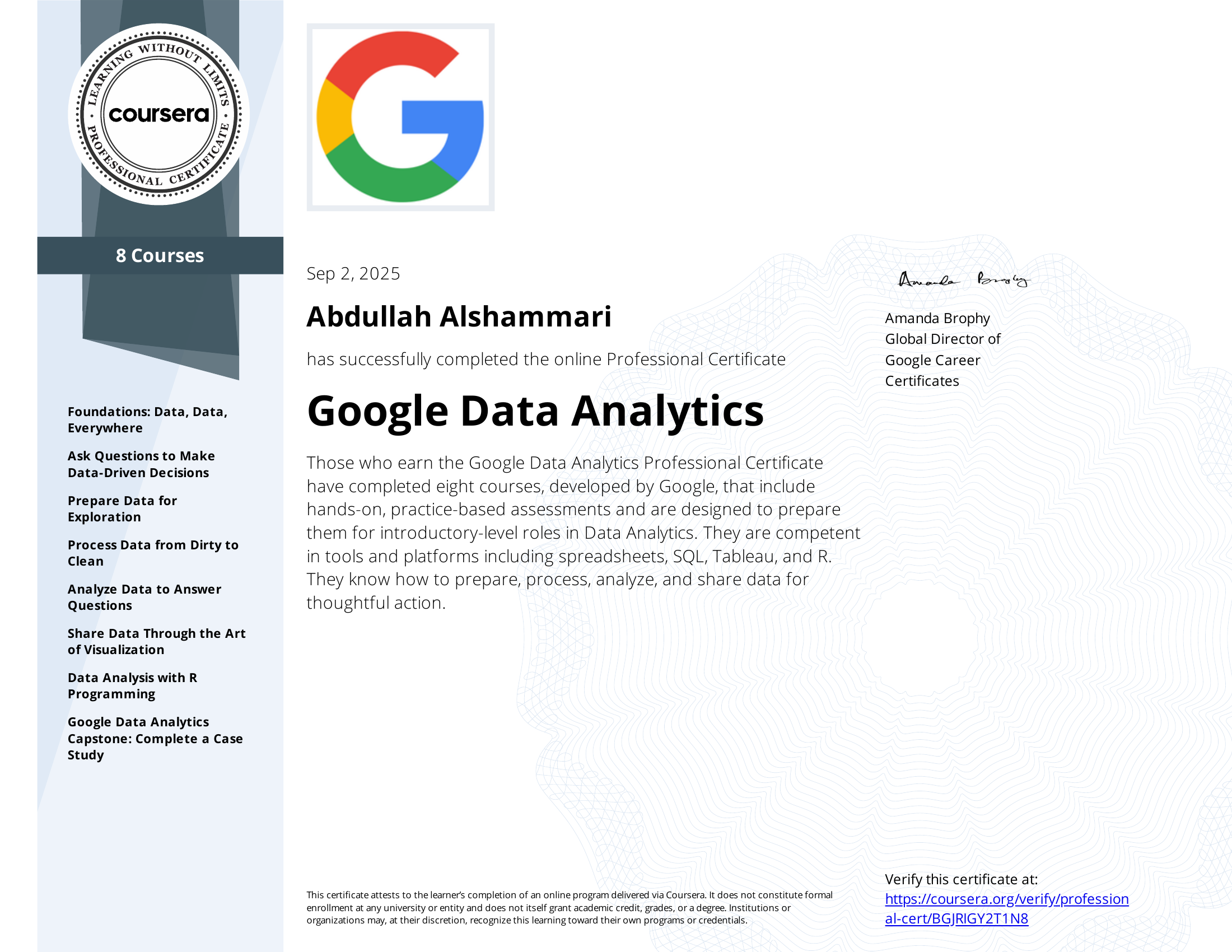 Google Data Analytics certificate