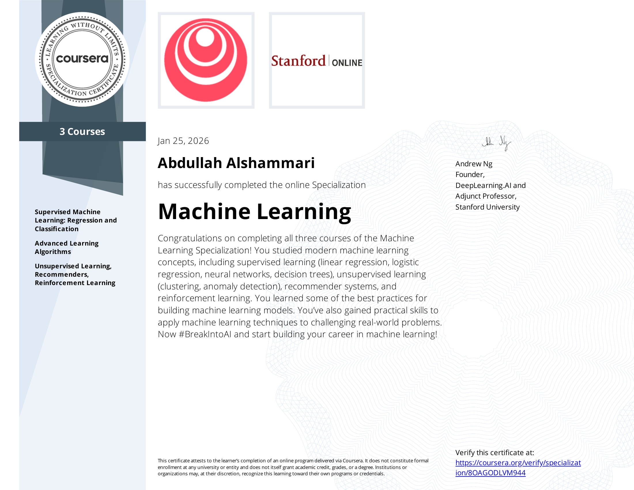 Machine Learning Specialization certificate